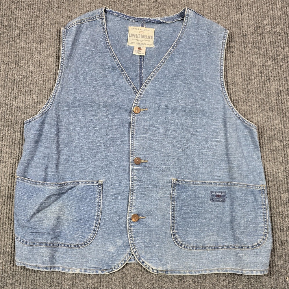 Vintage Unionbay‎ Vest Mens XL Blue Ramie Denim Button Front Pockets 90s Y2K
